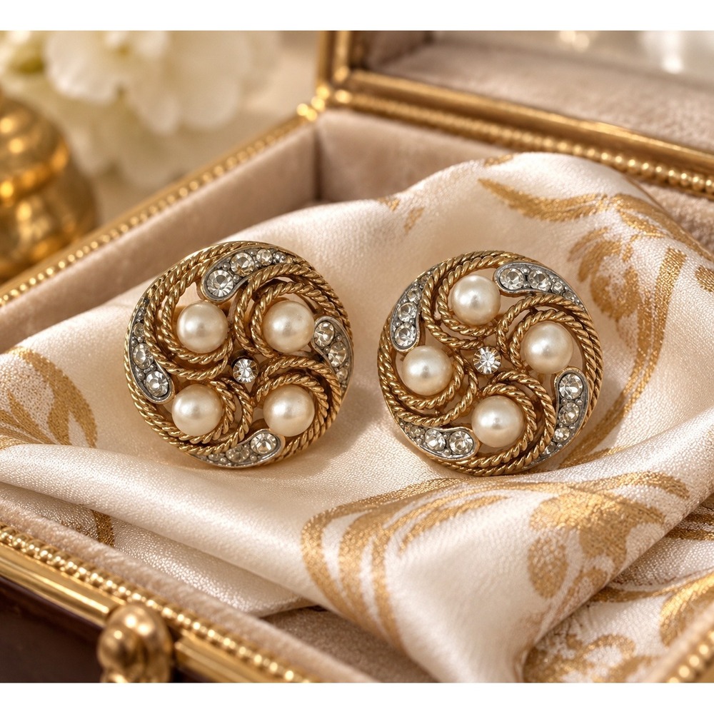 Vintage Crown Trifari Faux Pearl Rhinestone Gold Tone Swirl Clip On Earrings